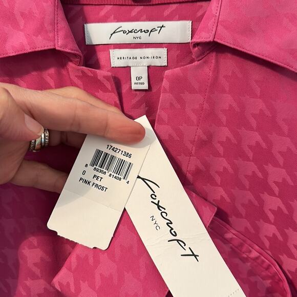 Foxcroft Button Up Blouse Magenta Pink Houndstooth Cotton NWT Career Barbie - Picture 4 of 5